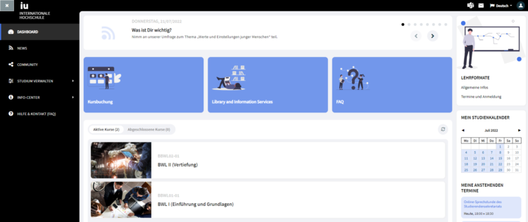 Desktopansicht IU myCampus Dashboard, Screenshot nach dem Login