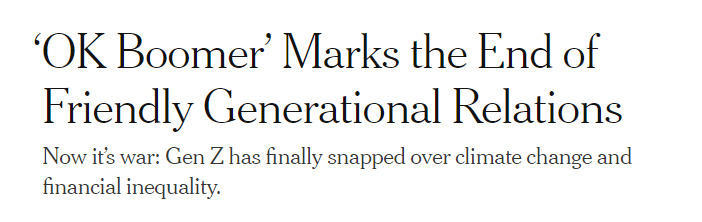 Überschrift in der New York Times von Oktober 2019: 'Ok Boomer' marks the end of friendly generational relations