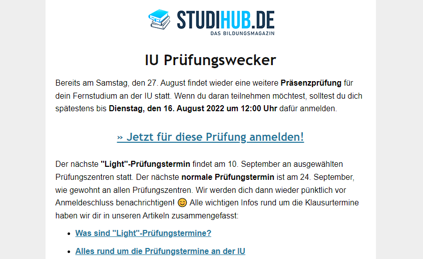 IU Prüfungswecker - Screenshot unserer Erinnerungsmail
