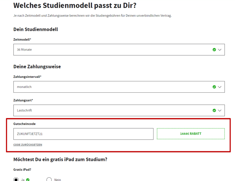Rabattcode an der IU einlösen - Bestätigung im Anmeldeformular