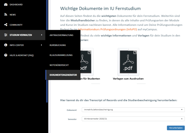 Immatrikulationsbescheinigung an der IU herunterladen, Menüansicht, Studium verwalten, Dokumentengenerator