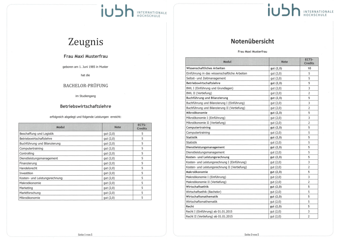 Bachelorzeugnis und Notenübersicht an der IU - Muster