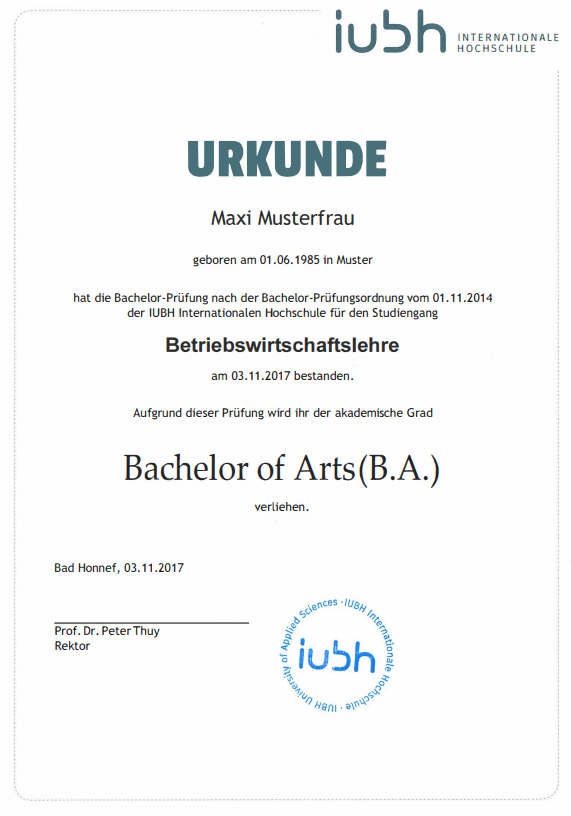 Mustervorlage IU Fernstudium Bachelorurkunde