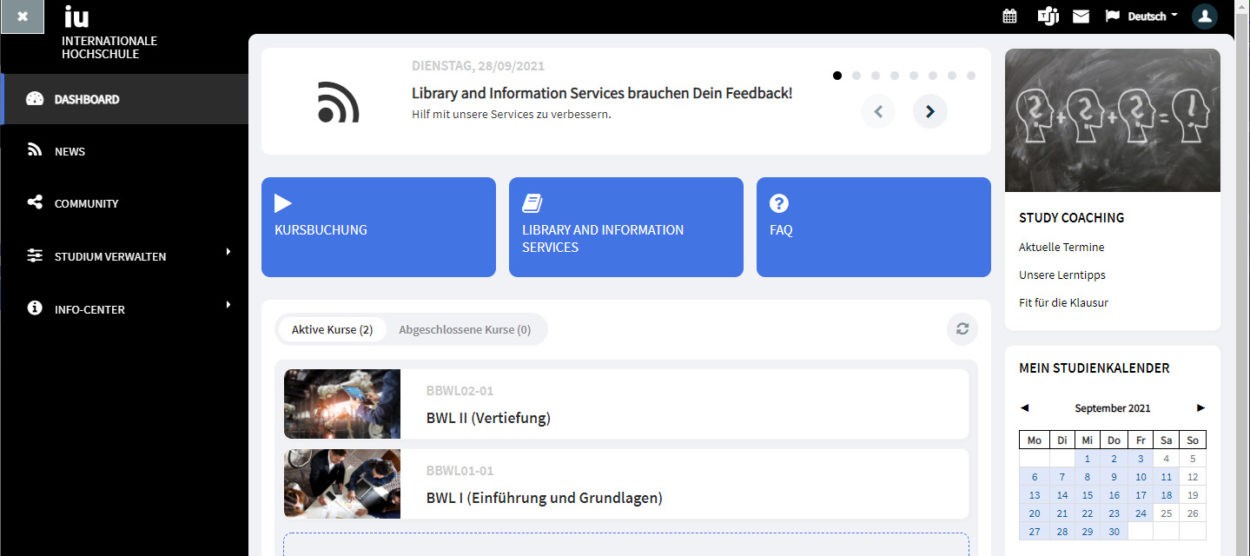 IU myCampus Dashboard nach Login