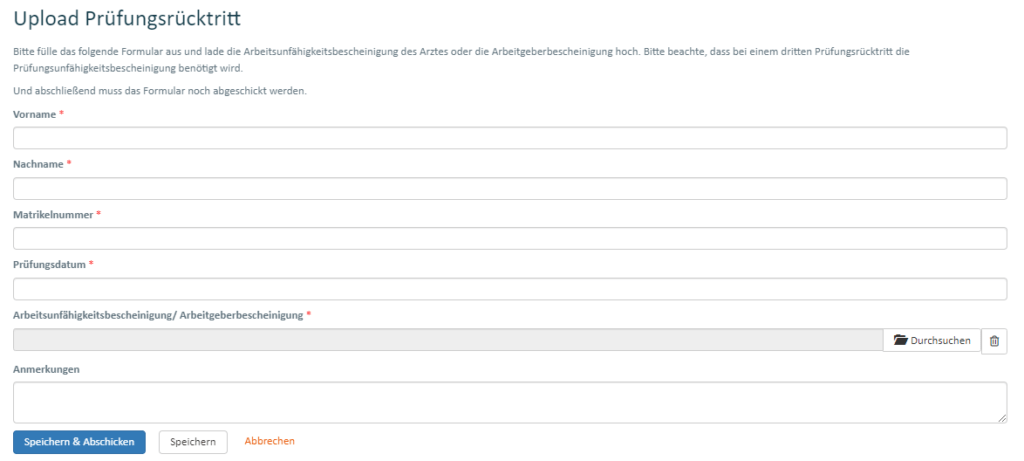 Screenshot des Formulars "Prüfungsrücktritt" an der IU, bei Krankmeldung und Arbeitsunfähigkeit