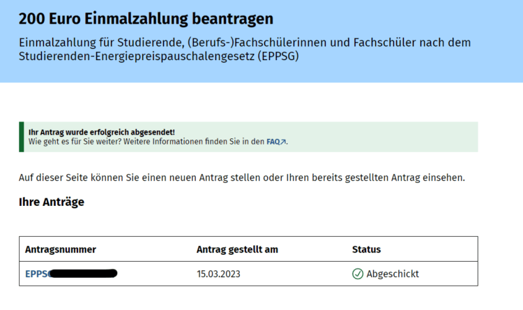 Screenshot: IU Fernstudium Einmalzahlung - Antrag erfolgreich versendet