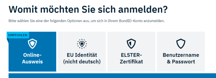 bundID Übersicht - Anmeldeoptionen