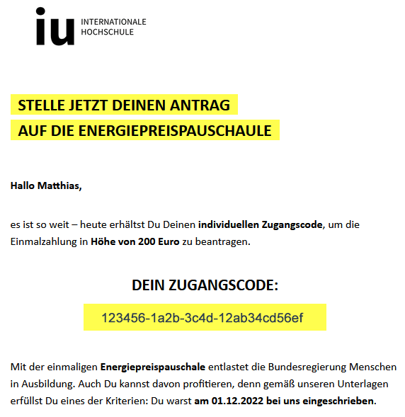 IU Antragstellung auf Einmalzahlung, Mail mit Zugangscode für das Portal