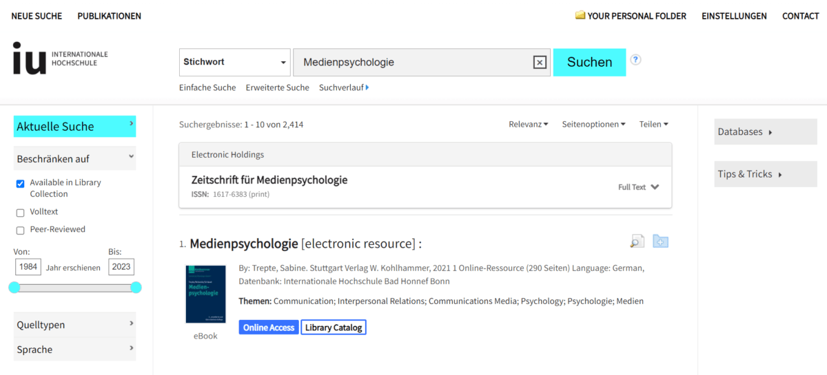 Ergebnis einer einfachen Suche der IU Online Bibliothek
