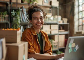 Studentin am Laptop, Kartons im Vordergrund