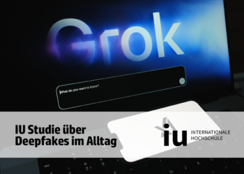 Laptop mit KI-Chatbot Grok über "X", IU Studie Deepfakes